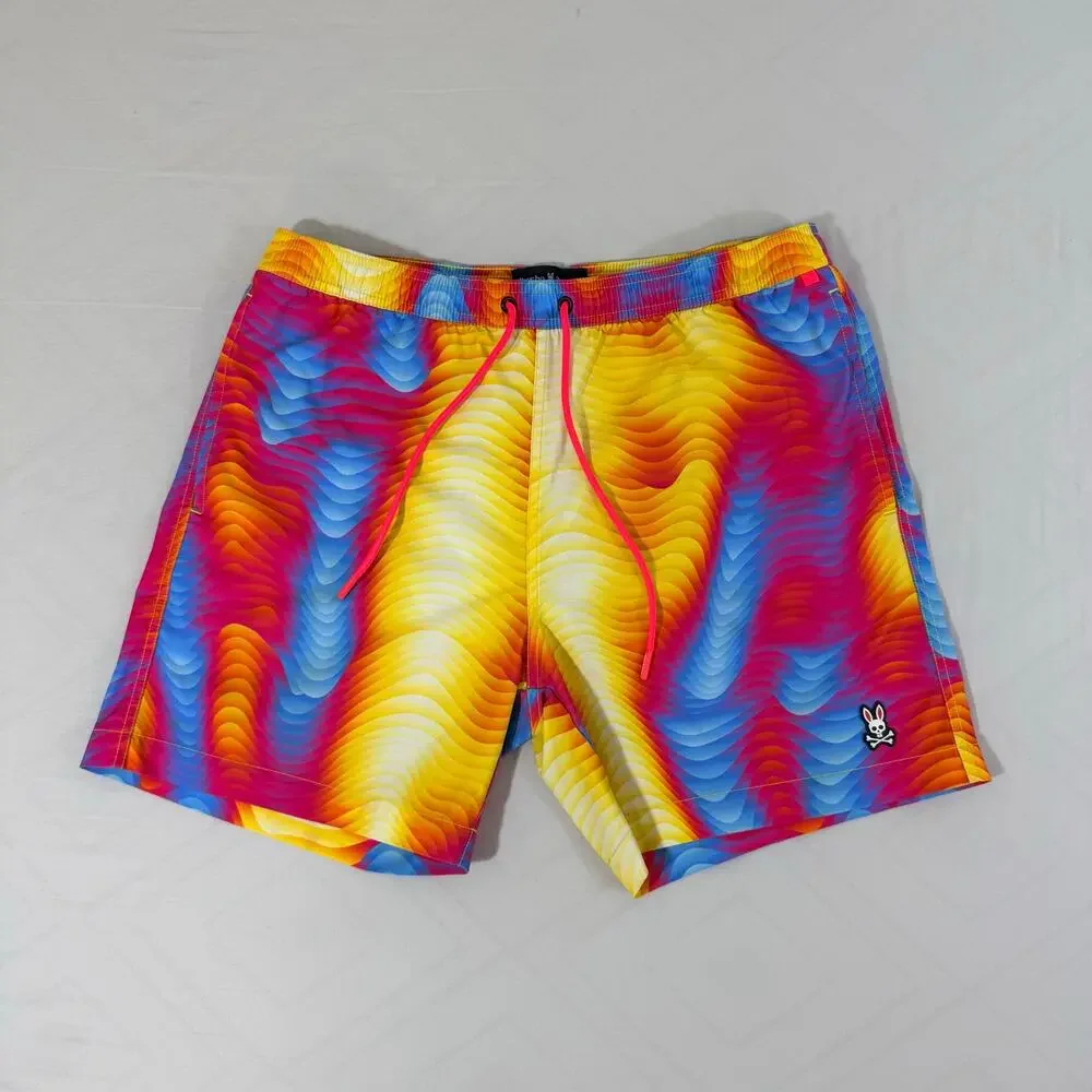 Psycho Bunny Mens Large Wave Print Swim Trunks Psychedelic Board Shorts L
